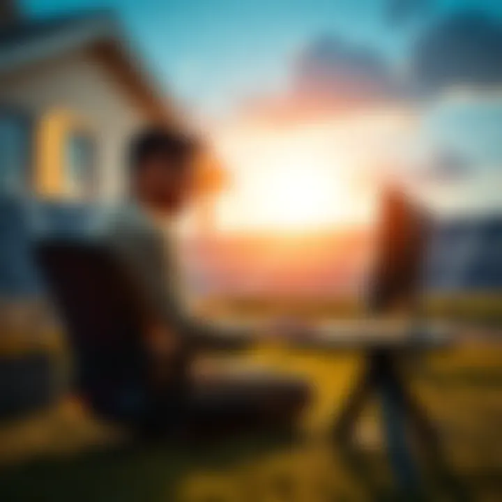 A person sitting at a computer with Bitcoin mining software, backed by solar panels in the yard, utilizing excess solar energy