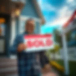 A community member smiles while holding a sold sign outside their new home, symbolizing success and financial achievement.