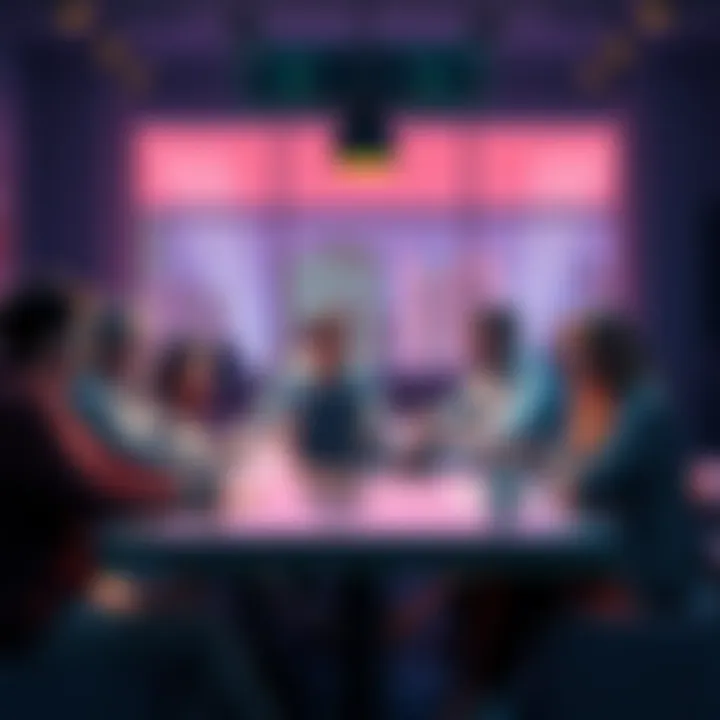 A group of people sitting around a table, openly discussing their tech failures and Ponzi losses with a sense of honesty and reflection.