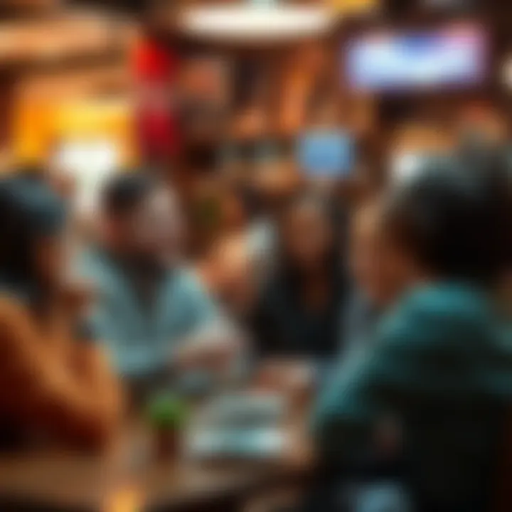 A group of people sharing their experiences and tips about low earnings on Honeygain at a coffee shop