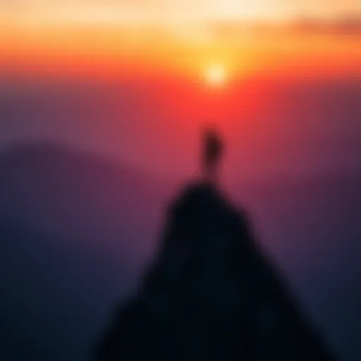 A person standing on a mountain peak, looking at a sunrise, symbolizing hope and determination in tough times.