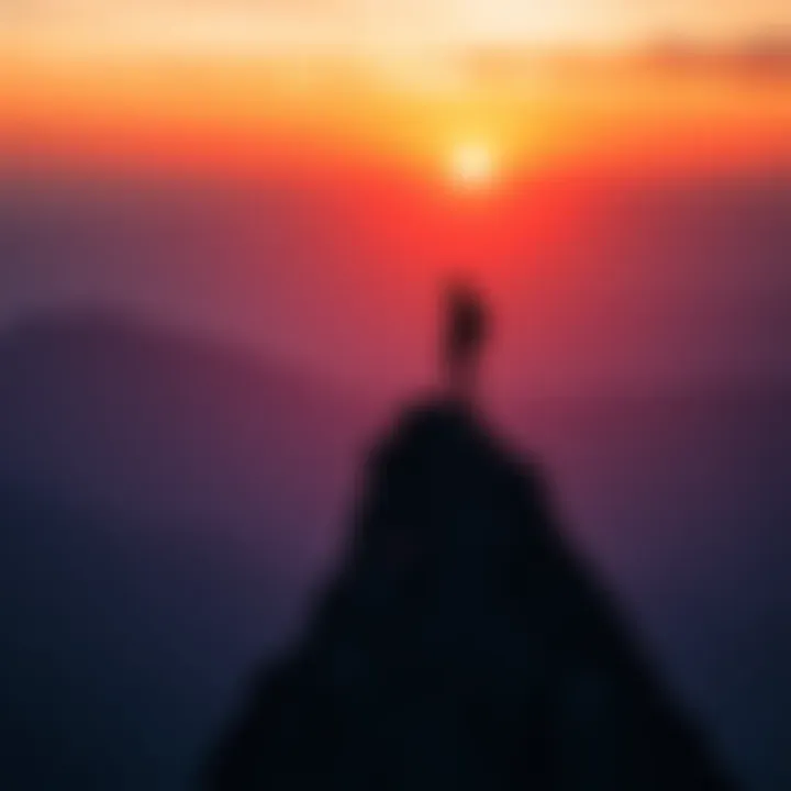 Hope and Resilience A person standing on a mountain peak, looking at a sunrise, symbolizing hope and determination in tough times.