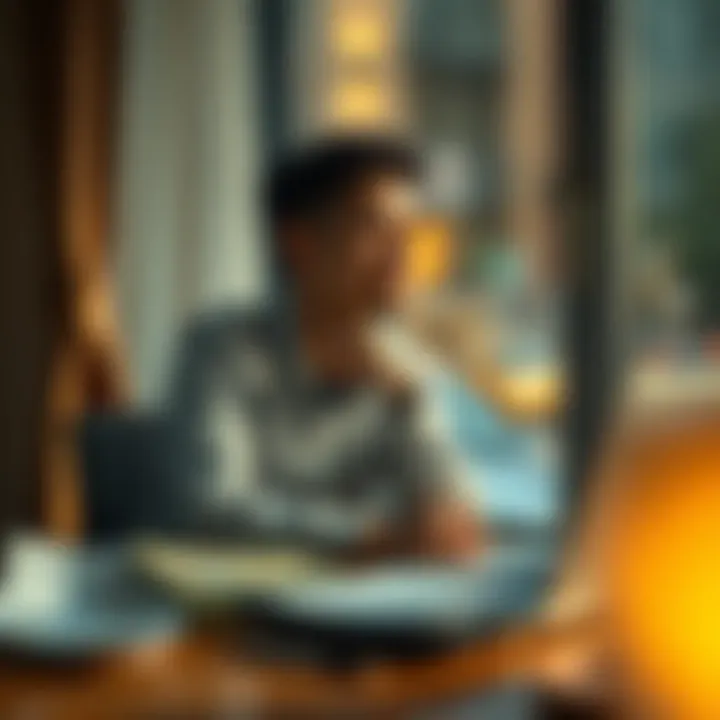 Individual sitting at a table with bills and a laptop, showing a thoughtful expression while looking out a window, symbolizing hope for better financial days ahead
