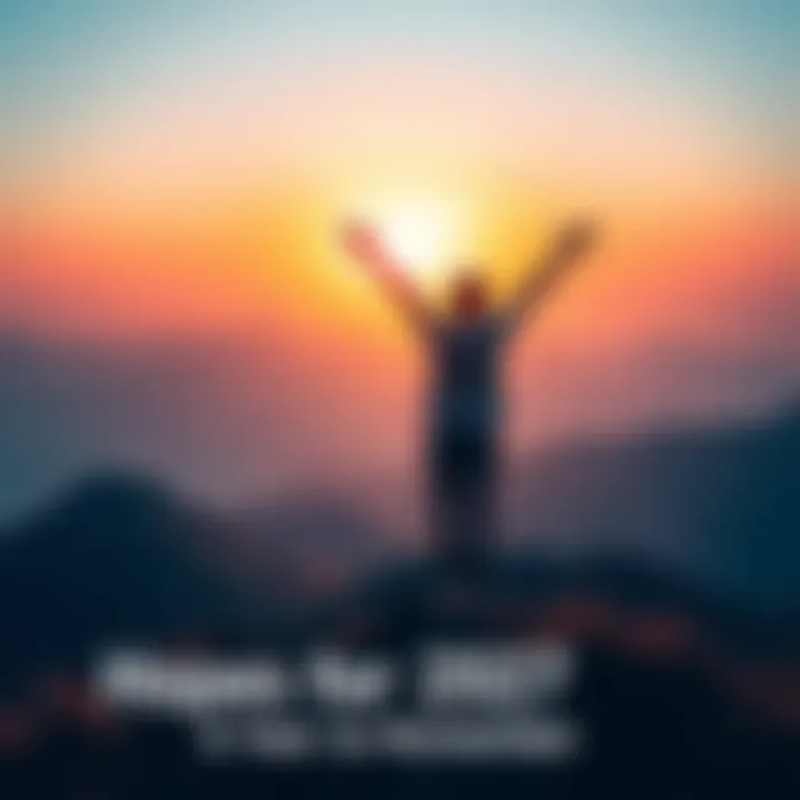 Hopes for 2027 A person standing on a hilltop with arms raised, looking towards a bright horizon symbolizing optimism for 2027