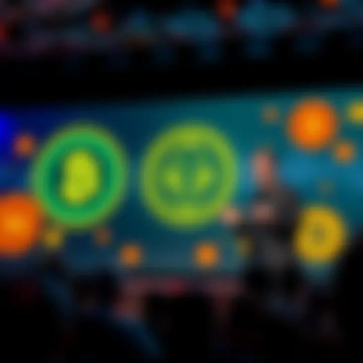 Charles Hoskinson speaking on a stage about the relationship between Bitcoin and Monero, with a backdrop showing cryptocurrency symbols