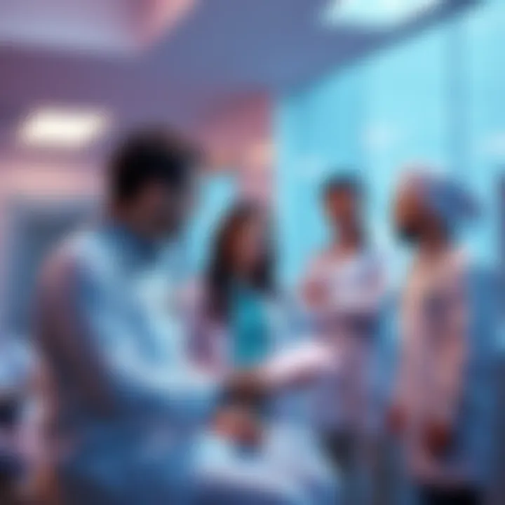A healthcare team discussing staffing and training strategies in a hospital setting.