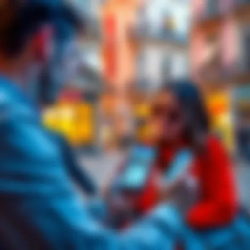 A couple looking at hotel prices on a smartphone with the Revolut app and Expedia on the screen, showing price differences.