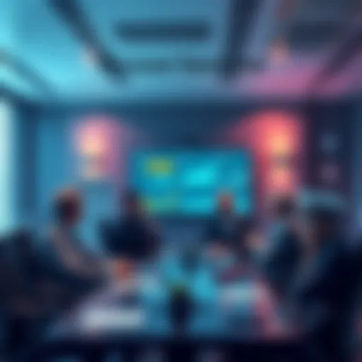 Group of experts discussing hotspot revenue changes in a meeting room, with charts and graphs on a screen.