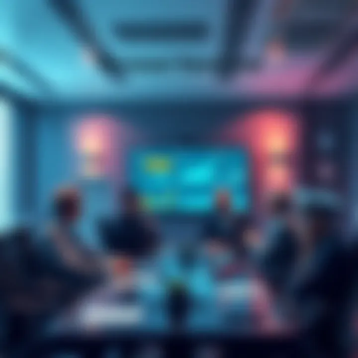 Group of experts discussing hotspot revenue changes in a meeting room, with charts and graphs on a screen.