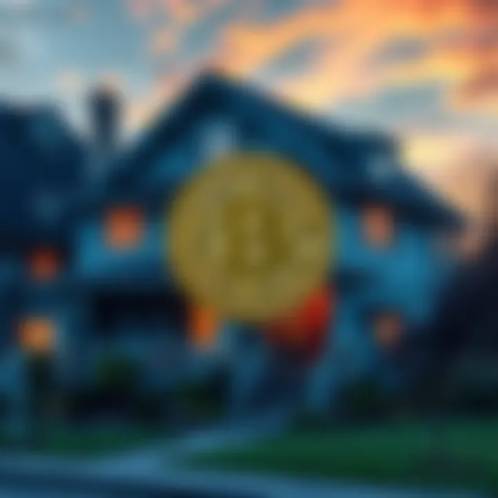 A house with a Bitcoin symbol overlayed, representing real estate and cryptocurrency investment