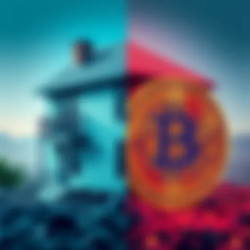 A house on one side and a digital coin representing shitcoin on the other, showing the contrast between real estate and cryptocurrency as investment options.