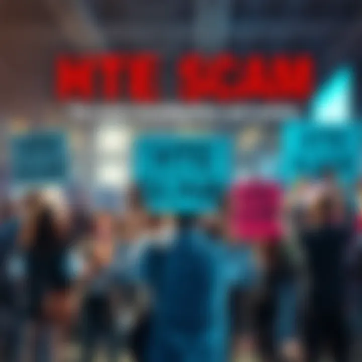 A concerned group of people holding signs demanding justice for HTE scam victims