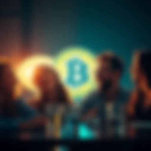 A group of friends enjoying time together, sharing laughter and smiles, with a Bitcoin symbol in the background, symbolizing the contrast between digital currency and human relationships.