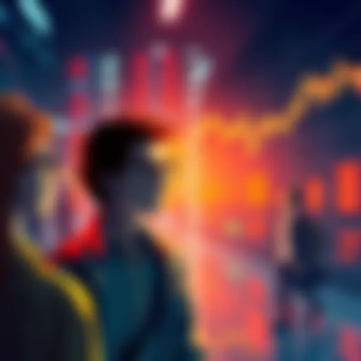 Illustration of people being tracked like stocks with charts and graphs in the background, symbolizing influence on personal decisions.