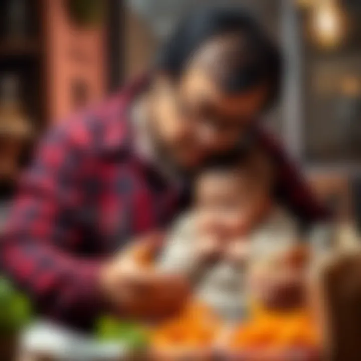 Exhausted parent holding a baby while looking at food, showing signs of hunger