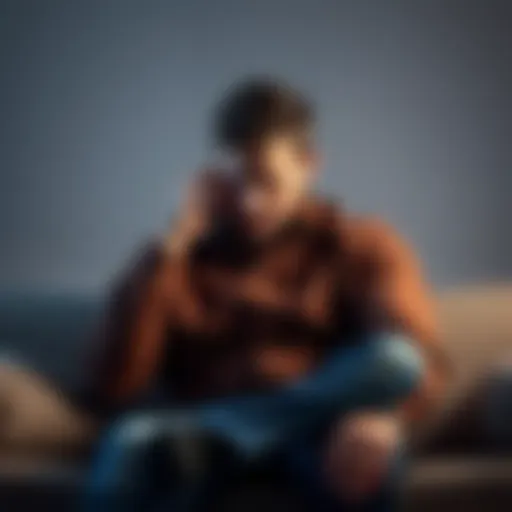 A thoughtful man sitting on a couch, looking down with a pensive expression, symbolizing concerns about body image and partner satisfaction.