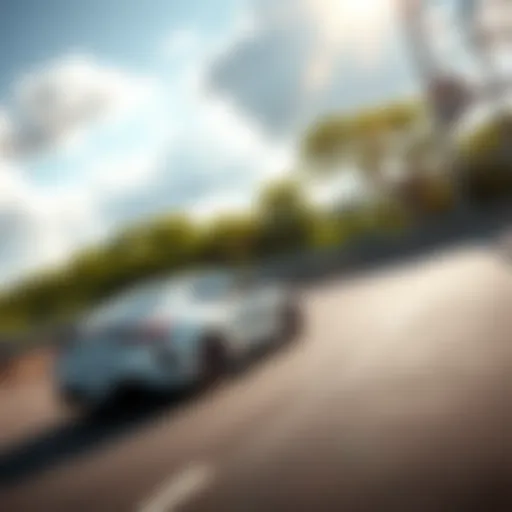 A hybrid car driving on a highway with greenery in the background, symbolizing eco-friendliness and fuel efficiency.