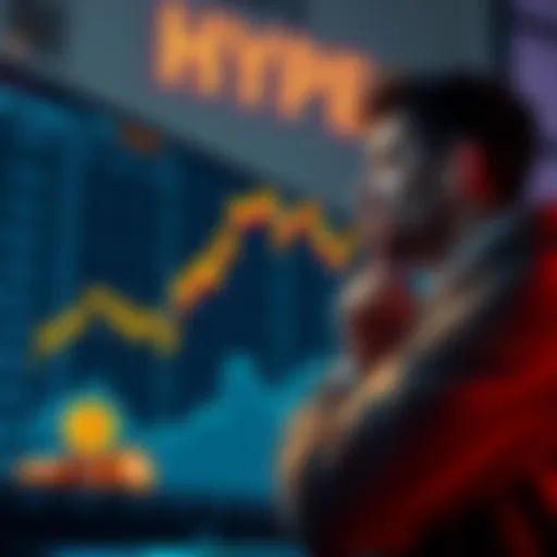 A chart showing the rise of Hype cryptocurrency alongside declining major coins like BTC and ETH, with an investor contemplating investment options.