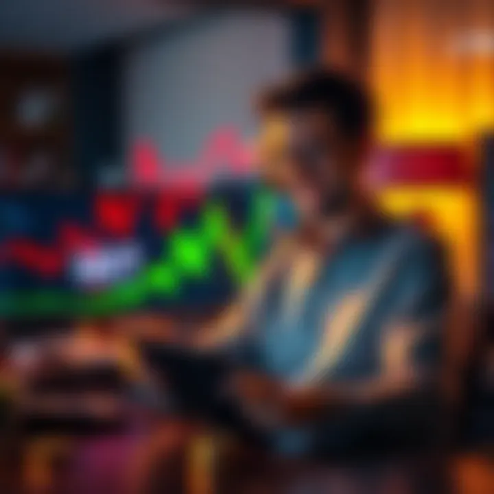 A graph showing rising stock prices and a person smiling while looking at a tablet in a home office setting