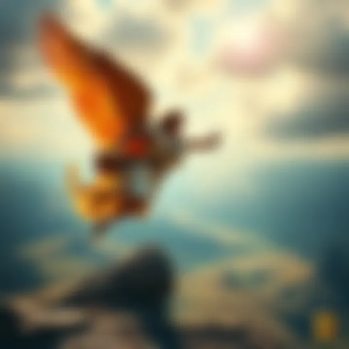 Icarus confidently flying over a vast landscape, showcasing his journey and resilience.