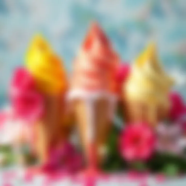 Ice Cream and Flowers A colorful display of melting ice cream cones alongside blooming spring flowers, representing seasonal delights.