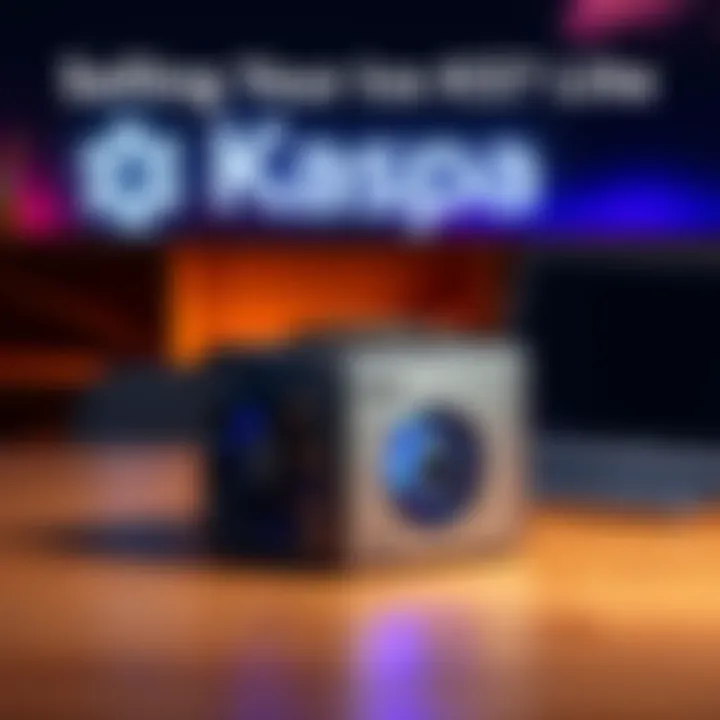 A lightly used Iceriver KS7 Lite miner placed on a wooden table with a laptop and Kaspa logo in the background.