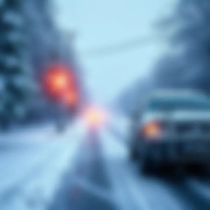 A view of snow-covered trees and icy roads during a winter storm