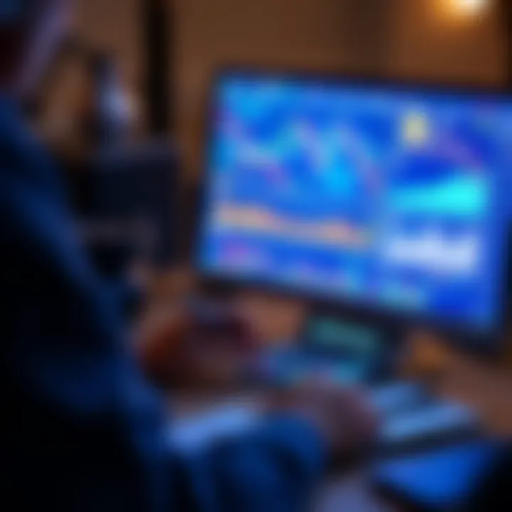 A person analyzing charts and data on a computer screen, looking for promising blue chip crypto projects, with a calculator and notepad on the desk.