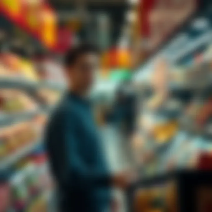 A person checking prices in a grocery store, looking concerned about their budget