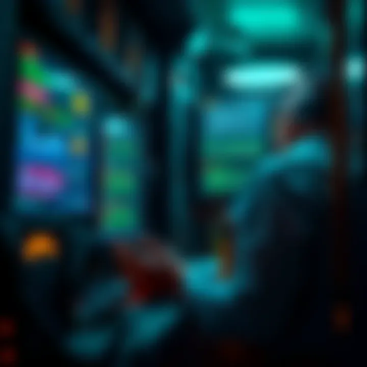 A technician checking a mining rig with screens showing error messages and performance issues.