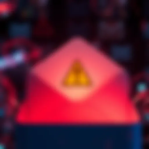An email inbox with a warning sign indicating a potential data breach.
