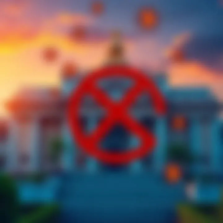 Illustration of India's central bank building with a red ban sign over cryptocurrency symbols