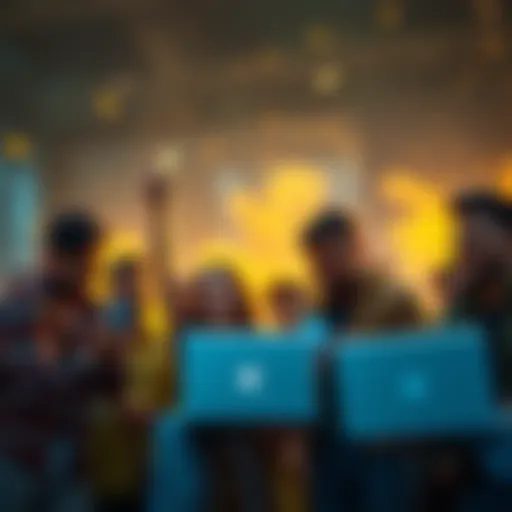 A young group of people celebrating digital currency investments with laptops and smartphones in hand