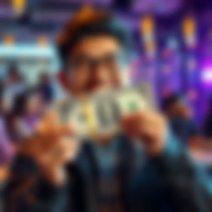 A person smiling while holding a dollar bill, symbolizing their achievement of earning one dollar a day after a long journey.