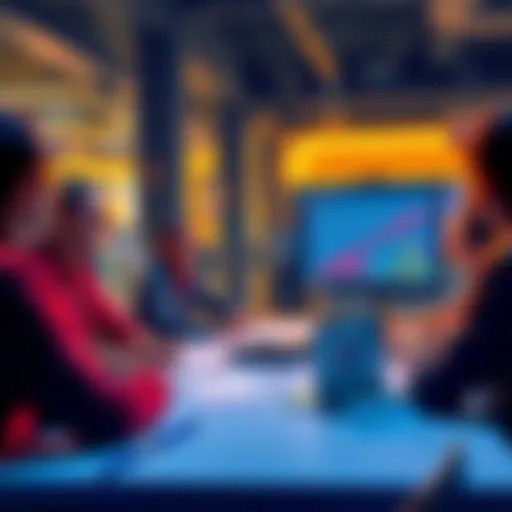 A group of people gathered around a table, one person explaining a crypto project with charts and graphs on a laptop screen.