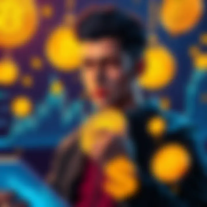 A person promoting Bitcoin on social media, surrounded by charts and dollar signs, showing the profit from sales.