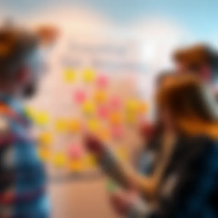 A group of people brainstorming app ideas using Vechain technology on a whiteboard with sticky notes and markers.