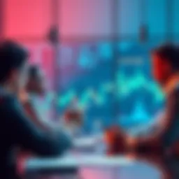 A group of financial analysts in a meeting discussing insider trading regulations, with charts and graphs visible in the background.