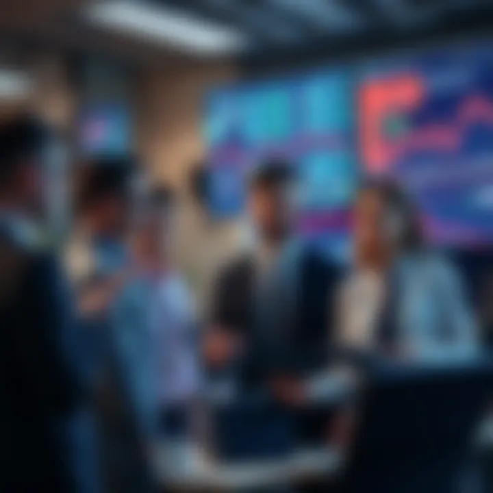 A group of business people discussing stock trends in a modern office setting, analyzing data on screens.