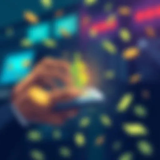 An illustration showing a person transferring funds from Kraken using a digital wallet with money symbols around
