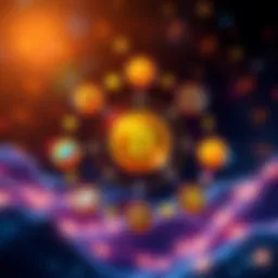 A graphic showing the process of swapping one cryptocurrency for another instantly, highlighting a dynamic reserve system, with various crypto icons orbiting a central token.