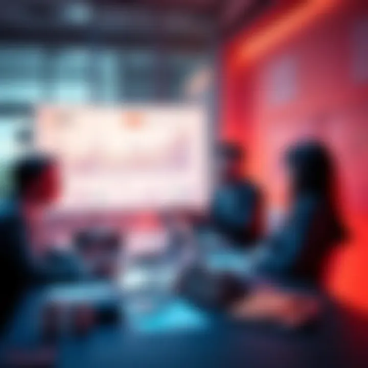 A business meeting discussing cryptocurrency trends with charts and laptops.