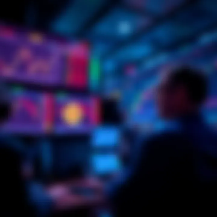 Traders looking at fluctuating market charts and Bitcoin's price on screens, showing volatility in the trading environment