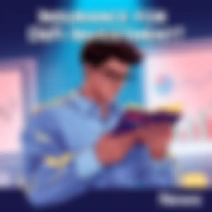 An illustration of a person reviewing DeFi investments while examining insurance options, with a digital wallet and graphs in the background.