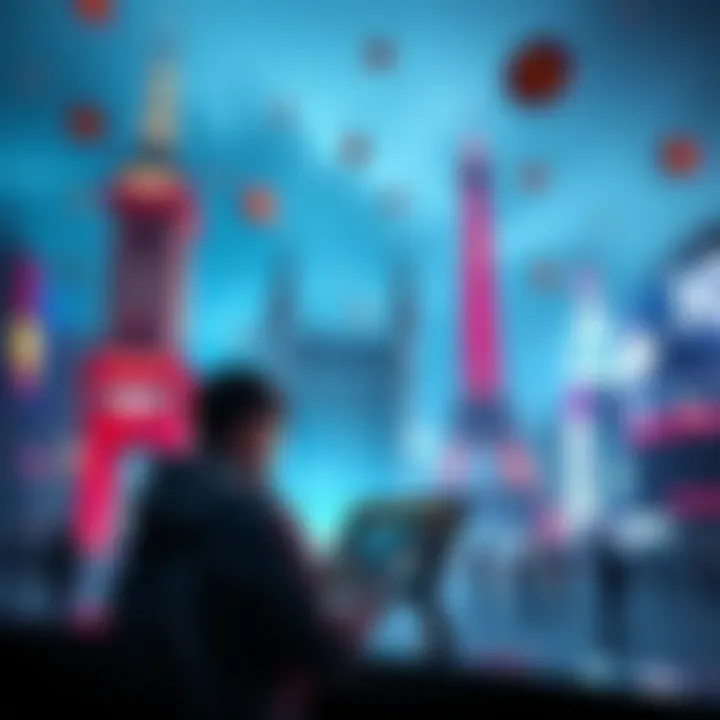 A person engages with a digital interface at a famous landmark, surrounded by vibrant gaming elements and tokens.
