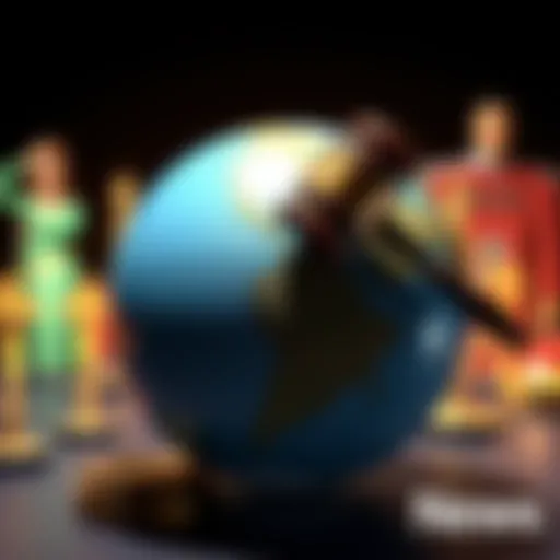 A globe with auction gavel and bid tokens representing international auction opportunities