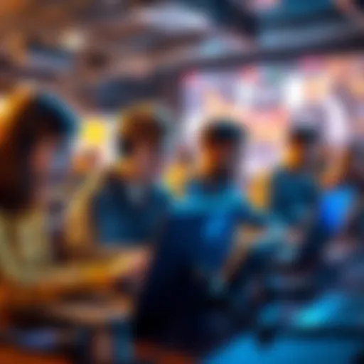 A diverse group of people collaborating online, working on laptops, showcasing teamwork and creativity during a hackathon.