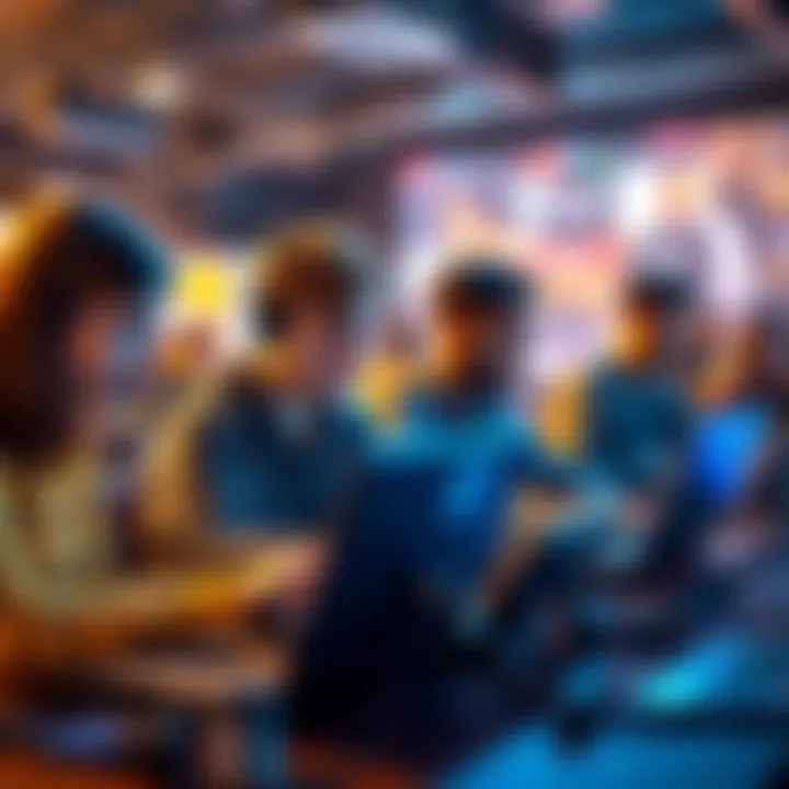A diverse group of people collaborating online, working on laptops, showcasing teamwork and creativity during a hackathon.