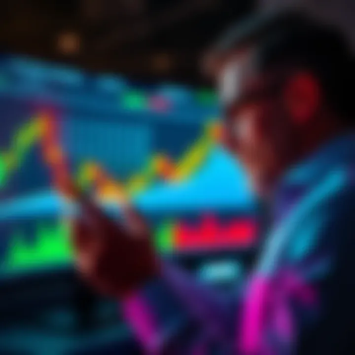 A person analyzing investment charts with the Inverse Cramer strategy in focus, showing a rising trend in a financial graph.