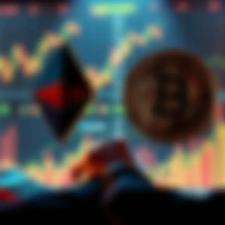 A person contemplating investment options between Ethereum and Bitcoin symbols with a calculator and charts in background